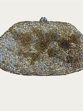 JEM Vintage Gold Elegant Seed Beads Sequins Floral Clutch